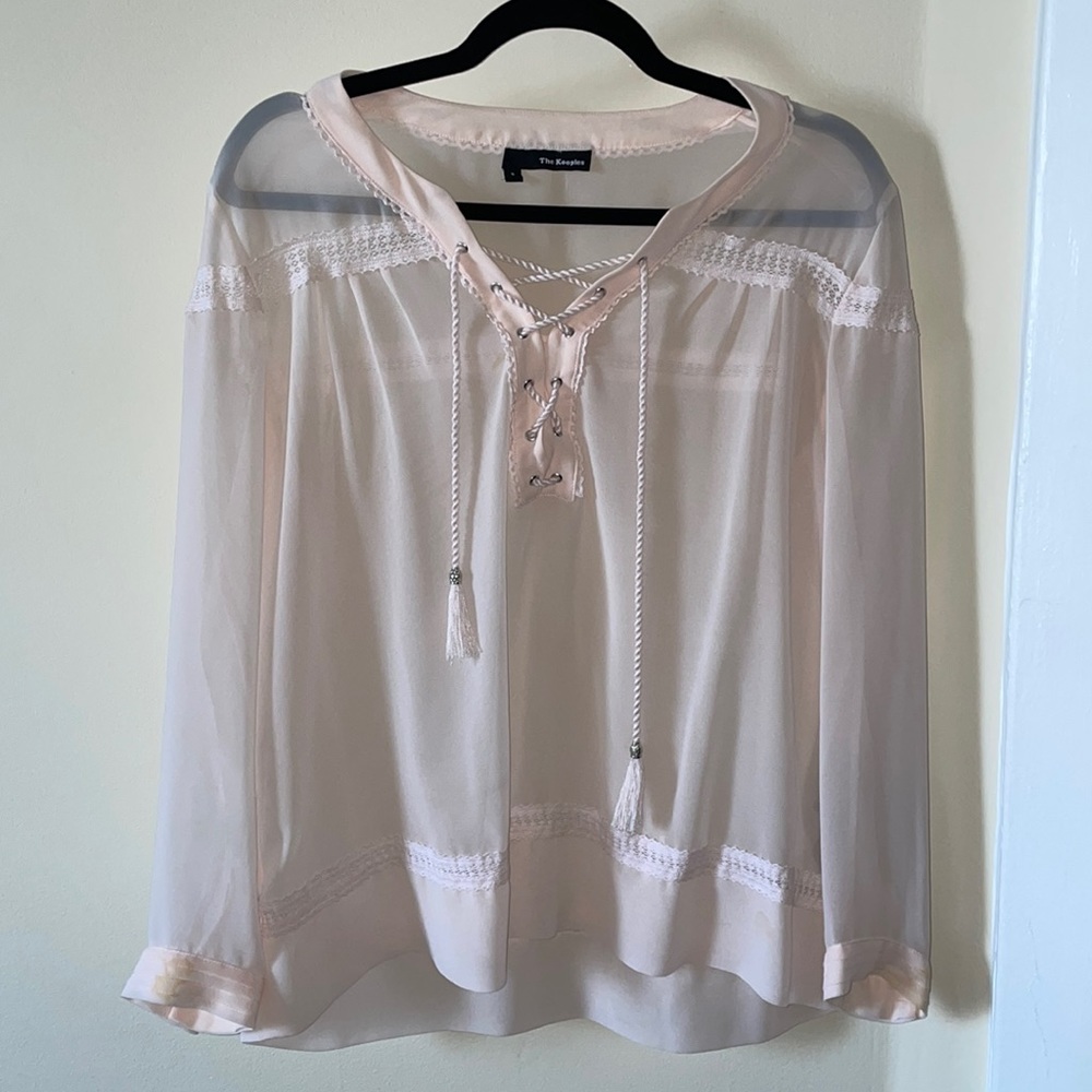 The Kooples Sheer Pale Pink Peasant Boho Lace-Up Blouse